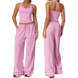 Women's <b>Pink</b> Halter Crop Top Yoga <b>Set</b> High Waist Wide Leg Pants 2 Piece Breathable Spandex Polyester Fitness Wear - Product Image 1
