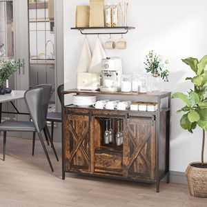 Buffet d'appoint industriel en chêne avec portes coulissantes de style grange, tiroirs réglables et supports à verres pour bar à café - Product Image 2