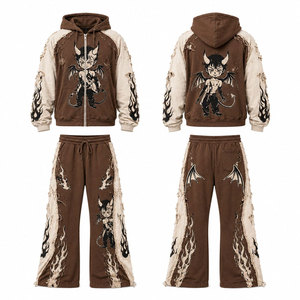 Conjunto Deportivo Unisex con Capucha Marrón, Estilo Urbano, Estampado Digital de Personajes, Corte Regular, Ropa de Invierno, Lavado Ácido - Product Image 1