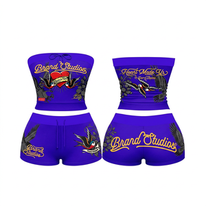 Ensemble short 2 pièces rouge pour femme, motif lettres, haut sans bretelles, short au-dessus du genou, décontracté, coton et polyester, pour printemps et été - Product Image 5