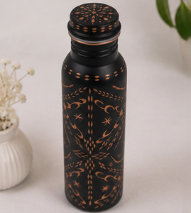 Tamra Vintage Elite <b>Bottle</b> Matte Black Coated Copper <b>Flask</b> Hand Engraved Pattern Ayurveda Health Benefits Copper Vessel - Product Image 3