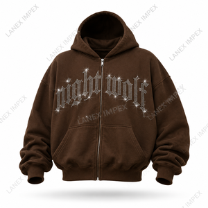 Sweat-shirt à capuche zippé personnalisé marron avec strass pour hommes et femmes, style streetwear oversize, sweat-shirt graphique en cristal, fabricant de sweats à capuche tendance - Product Image 2