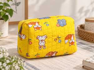 Sac de maquillage portable en tissu de coton, taille moyenne, fermeture éclair, imprimé animal de dessin animé jaune, avec pompon, imperméable et écologique - Product Image 2