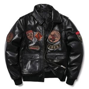 Veste en cuir véritable pour homme en peau de mouton 2026 avec patchs brodés, col rabattable, fermeture éclair, style motard - Product Image 1