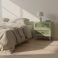 Table d'appoint moderne et écologique à 2 tiroirs en bois de caoutchouc et placage de chêne MDF avec détails en rotin, table de rangement pour salon