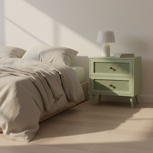 Mesa Auxiliar Moderna Ecológica de 2 Cajones de Madera de Caucho y MDF con Chapa de Roble y Detalles de Ratán, Mesa de Almacenamiento para Sala de Estar - Product Image 2