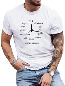 Oneten T-shirt en coton blanc pour homme, manches courtes, col rond, imprimé horloge mathématique, tee-shirt décontracté - Product Image 1