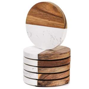 Ensemble de sous-verres ronds en marbre blanc naturel de qualité supérieure avec supports en bois pour la maison (vente en gros) - Product Image 1