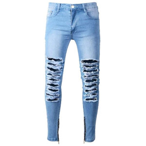 Custom Factory Wholesale Men's Distressed <b>Trouser</b> Designers Trendy Washed <b>Light</b> Blue custom Long Denim Slim Fit Men's Distressed - Product Image 1