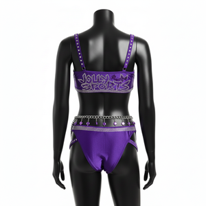 Conjunto de Bikini para Mujer, 230 GSM, Poliéster y Spandex, Diseño con Tiras y Pedrería Morada, Logotipo Personalizado con Pedrería Hotfix - Product Image 5