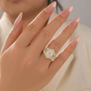 925 <b>Silver</b> Moissanite Enhancer Halo Oval Cut Wedding <b>Ring</b> <b>Set</b> With Two V-shaped Design Half Eternity Wedding Bands for Women's - Product Image 3