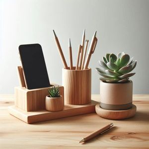 Organisateur de bureau en bois massif naturel, support de présentation pour fournitures de bureau, rangement de bureau en bois fait main pour la papeterie - Product Image 1