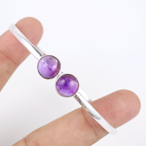 Wholesale 925 Sterling Silver Plated Natural <b>Amethyst</b> Round Gemstone Cuff Bangle Boho Minimalist Two Stone Fashion <b>Bracelet</b> - Product Image 1