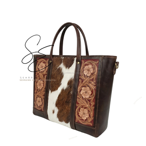 Bolso Tote Marrón para Mujer con Flor Roja, de Cuero Genuino de Vaca, Floral, Hecho a Mano, Vintage, con Asa Superior, Bandolera, de Viaje, de Moda - Product Image 2