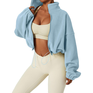 Chaqueta Corta de Forro Polar Azul Claro para Mujer, Cuello Alto, Hombros Caídos, Manga Larga, Estilo Oversize, Cierre Frontal con Cremallera, Color Sólido, OEM - Product Image 3