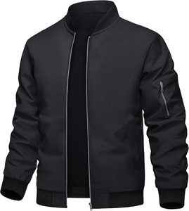 Mens Spring Woven <b>Stand</b> Collar Bomber Jacket Windproof Long Sleeve Casual Zipper Closure 2026 Style Men Bomber Jacket - Product Image 3