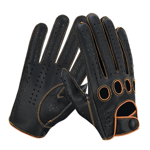 Leather Motorbike <b>Driving</b> <b>Gloves</b> Black With Orange Stitching Breathable Sporty Style Wrist Length For Outdoor Use - Product Image 1