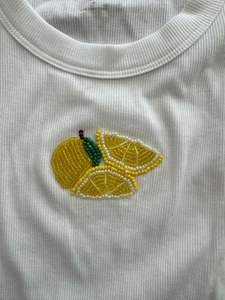 T-shirt en coton court de luxe moderne à perles et pompons, brodé, pour femme, avec perles mobiles double face, tendance - Product Image 3