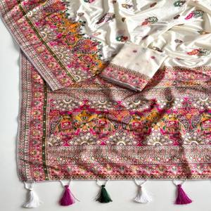 VASTRA COTTAGE Sari de Seda Pura Rajwadi Pashmina con Pallu de Hilo Cachemir, Borde Pesado y Borlas, con Pieza de Blusa - Product Image 5