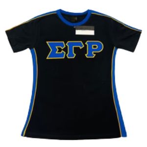 Camiseta Negra Premium Sigma Gamma Rho con Letras Griegas y Contorno Dorado, Algodón Suave, Estilo Casual para Uso Diario - Product Image 1