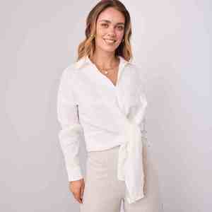 Chemisier d'été pour femme en lin, nouveau modèle, col français, coupe ample, court, uni, simple, broderie machine, vente en gros pour boutiques - Product Image 4