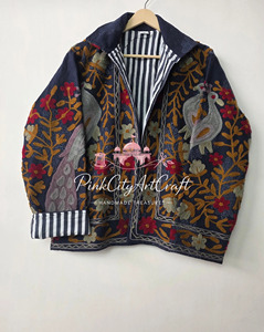 Handcrafted Suzani Embroidery Breathable Woven Velvet <b>Quilted</b> Jacket Traditional Kashmiri Floral Peacock Motif Winter Wear Coat - Product Image 4