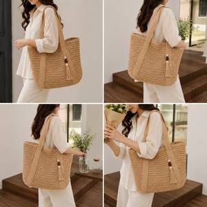 Custom Luxury Handwoven <b>Straw</b> Tote <b>Bag</b> brown Raffia Mesh Beach <b>Bag</b> with Tassel Wooden Beads Large Summer Resort Women Handbag - Product Image 3