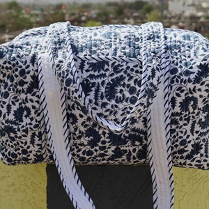 Floral Cotton Quilted Duffel <b>Bag</b> Zipper <b>Large</b> Capacity Weekender Travel <b>Bag</b> Indian Style Hand Block Printed - Product Image 1