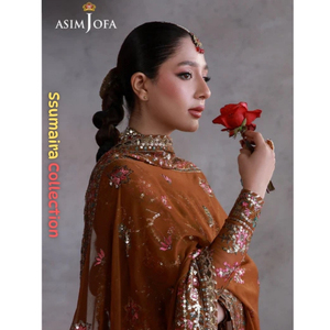 Ssumaira présente : Robe Salwar Kameez formelle 3 pièces en mousseline brodée Asim Jofa, couleur moutarde, infroissable, pour les fêtes de l'Aïd et du Diwali - Product Image 3