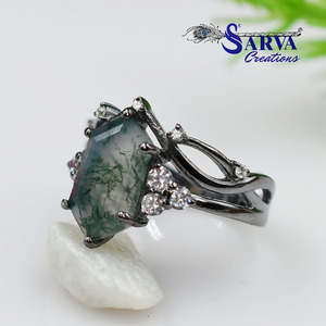 Natural <b>Moss</b> <b>Agate</b> Long Hexagon Engagement <b>Ring</b> with Cubic Zirconia 925 Sterling Silver Statement <b>Ring</b> for Women Jewelry - Product Image 2