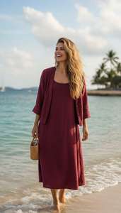 Elegante Vestido Maxi de Muselina de Algodón Hecho a Mano en Color Vino Tinto con Conjunto de Bolero Abierto por Delante para Mujer, Vestido Largo Casual con Volantes - Product Image 3