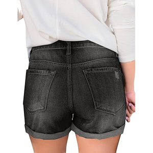 Shorts de mezclilla de cintura alta para mujer, estilo casual, con botones, lavado desgastado y dobladillo deshilachado - Product Image 3