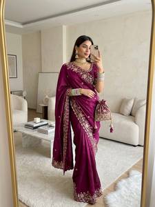 Sari en satin de créateur Fandy avec de magnifiques perles brodées à la main, travail Dana découpé, bordure lourde et Butti sur toute la surface du sari avec Aarco. - Product Image 1