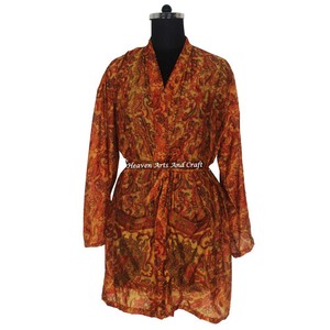 KS008 Kimono Vintage de Seda con Manga Corta, Estilo Sari, Vestido Corto Bohemio, Kimono Vintage, Vestido Corto de Dama de Honor, Estilo Bohemio - Product Image 3