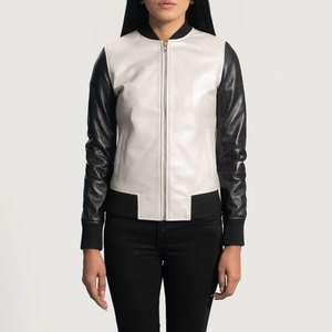 Women White and Black Genuine Leather <b>Bomber</b> <b>Jacket</b> Slim Fit Two Tone Premium Sheepskin Casual Winter Outerwear Fashion Coat - Product Image 6