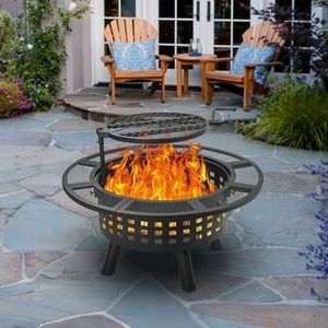 Linea Exports Inc Fire Pit Round <b>Metal</b> Tabletop Brazier for Patio Camping BBQ With Iron Wood Burning <b>Grate</b> Charcoal Fuel - Product Image 6