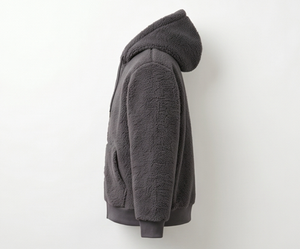 Veste à capuche en polaire gris foncé pour homme, fermeture éclair, vêtement d'hiver décontracté, coupe régulière, doublure en sherpa, matière en polyester tricoté - Product Image 6