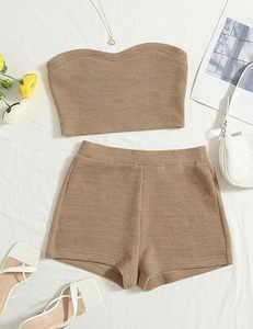 Ensemble décontracté d'été pour femme, deux pièces, sans manches, uni, respirant, en tricot polyester/coton, composé d'un haut tube et d'un pantalon palazzo - Product Image 1