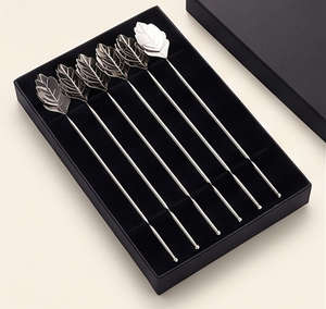 Modern Stainless Steel Cocktail Stirrers Set Leaf Design <b>Bar</b> <b>Tools</b> Reusable Mixing Spoons For Cocktail Stirring - Product Image 1