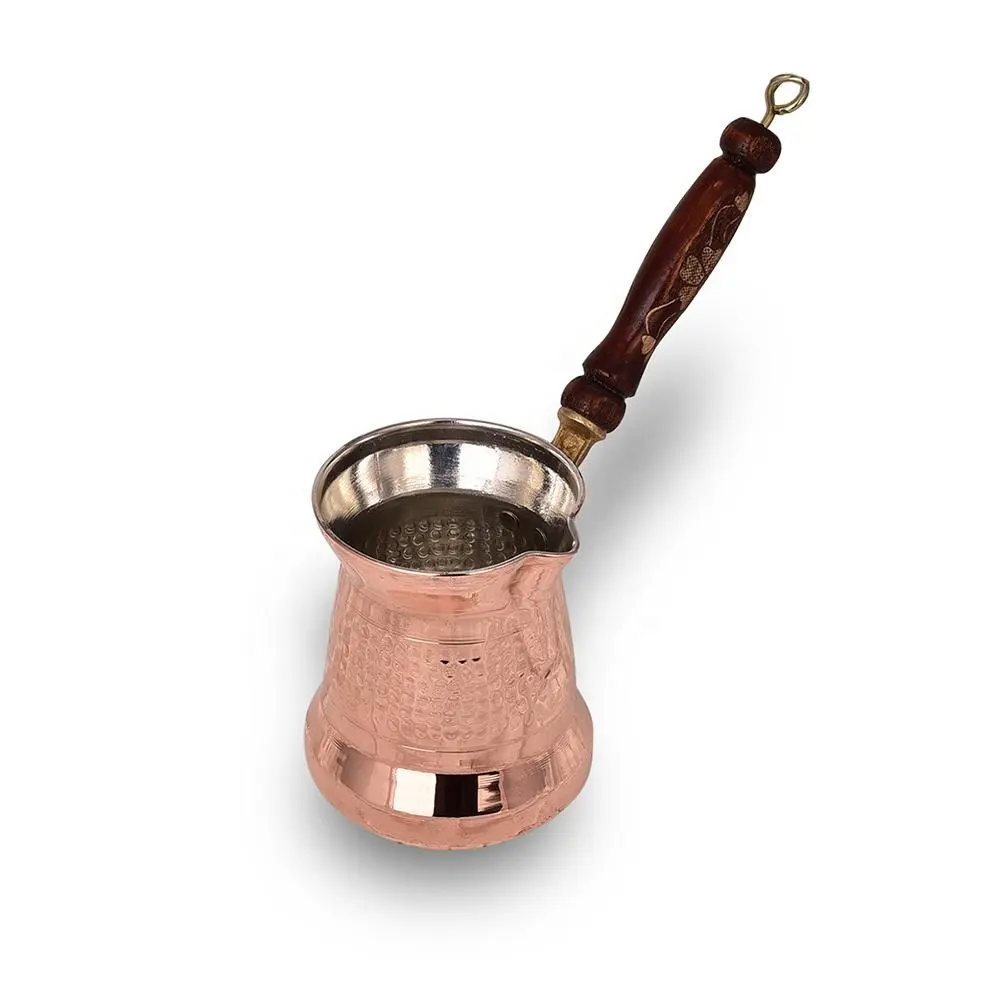 Pot à café en cuivre antique, thème turc arabe, grec, chauffe-lait, poignée en métal et bois, avec plusieurs finitions