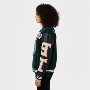 Custom Unisex Forest Green Skeleton Varsity <b>Jacket</b> Black Faux Leather Sleeves Rib Cage Bone Graphic Snap Button <b>Gothic</b> By SHH - Product Image 6