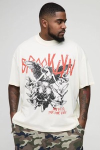T-shirt oversize homme en coton épais, coupe ample vintage délavée, épaules tombantes, imprimé graphique, streetwear unisexe - Product Image 1