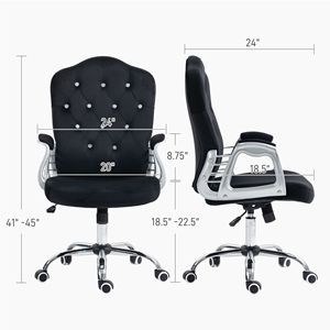 Sedia da scrivania in velluto con ruote girevoli con pulsante trapuntato e regolabile altezza inclinazione sedia da ufficio nera - Product Image 3