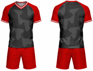 Conjunto de Camiseta de Fútbol con Cuello en V para Hombre, Diseño Geométrico Rojo y Negro, Sublimación, Manga Corta, Uniforme - Product Image 1
