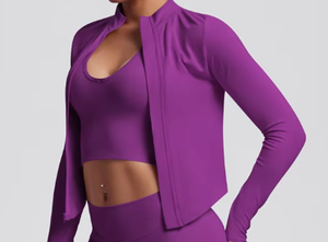 Conjunto de yoga de 3 piezas sin costuras con top corto, leggings y chaqueta de color sólido, de cintura alta y largo completo, ropa deportiva para entrenamiento físico. - Product Image 4