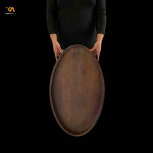Plateau ottoman en teck fait main, plateau de service ovale en bois avec poignées - Product Image 1