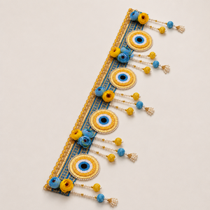 Toran de porte fait main en perles œil porte-bonheur, bleu et or, à motifs floraux, avec pompon de perles, décoration murale festive pour Puja, maison et temple, cadeau - Product Image 6