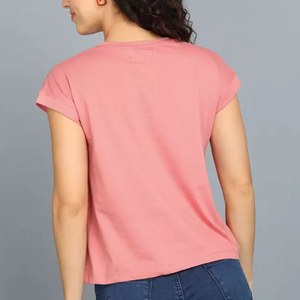 Camiseta de algodón rosa para mujer, cuello redondo, manga corta, a cuadros, informal, corte regular, tela jersey transpirable, con cremallera, botones y diamantes - Product Image 6