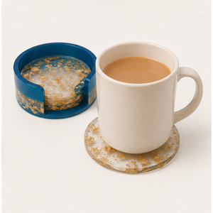 Luxury Epoxy Resin Coaster Set with Holder Wholesale Glitter Blue Gold <b>Foil</b> Round Coaster 4 Piece Set for Home Hotel Tableware - Product Image 3