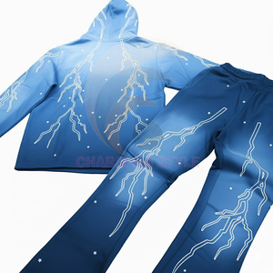 Ensemble de survêtement streetwear personnalisé vintage pour homme, comprenant un sweat à capuche zippé délavé à l'acide et un pantalon de jogging évasé à jambe droite - Product Image 2